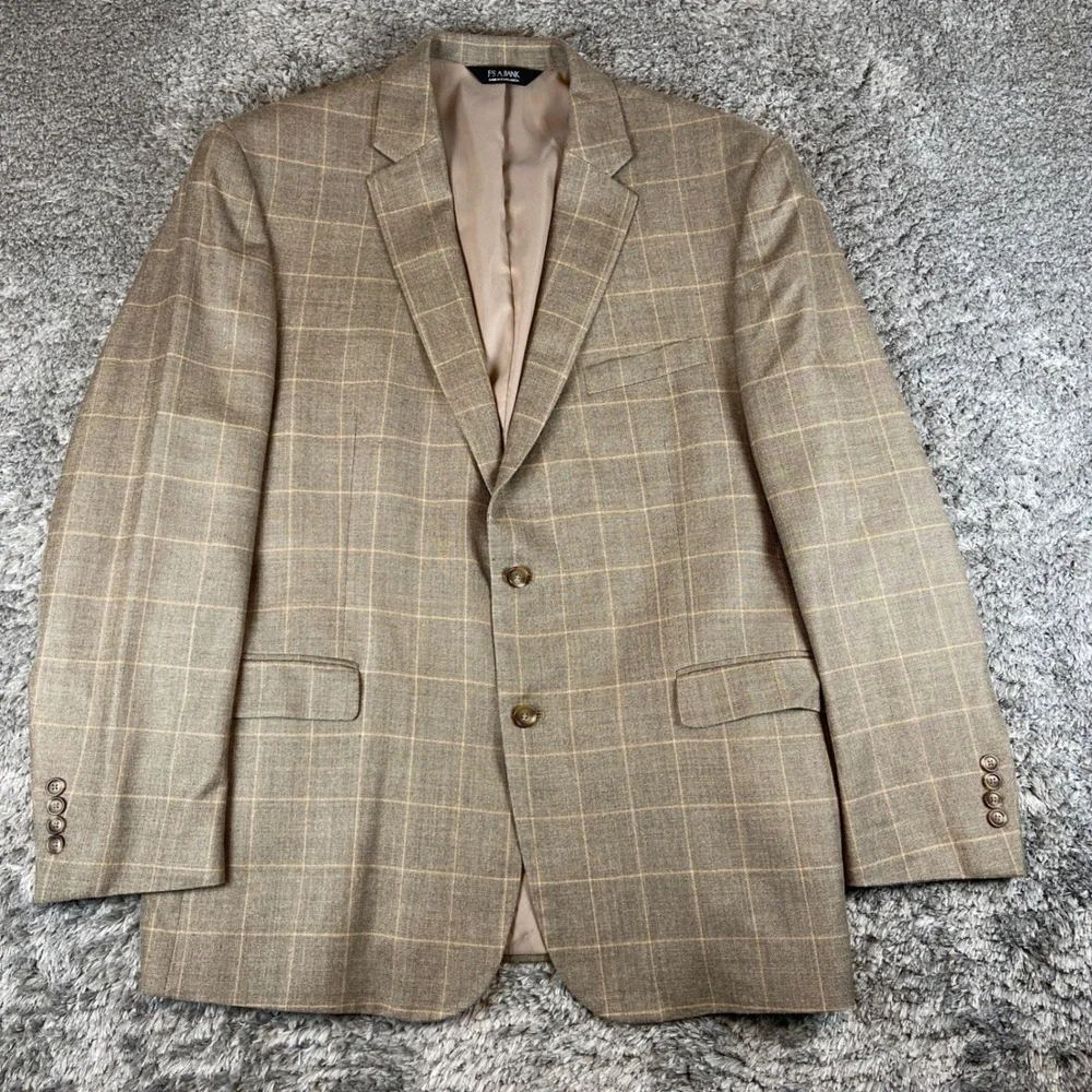Jos A Bank Sport Coat Mens 48L Brown Windowpane Silk Wool Traveler Blazer Jacket